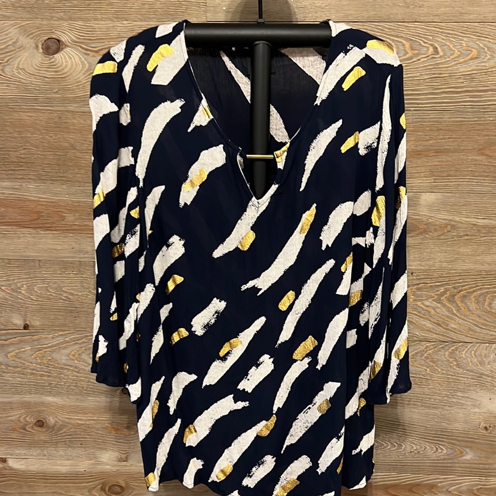 JM Collection navy chiffon blouse with cream and gold print. Large